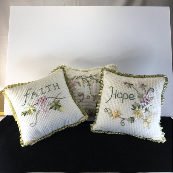 Embroidered Throw Pillows Hope Joy Faith Soft Trim Waffle Decor - Set of 3 - Picture 5 of 13